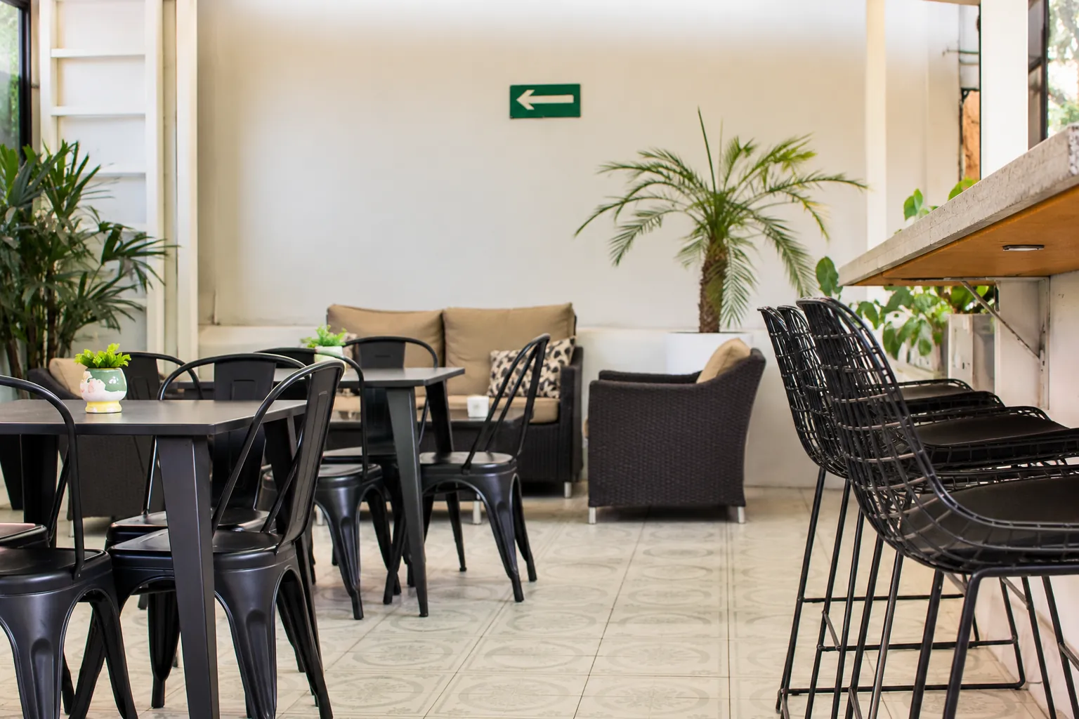 Área de café con mesas, sillones y plantas, OfiRent Condesa, Ciudad de México