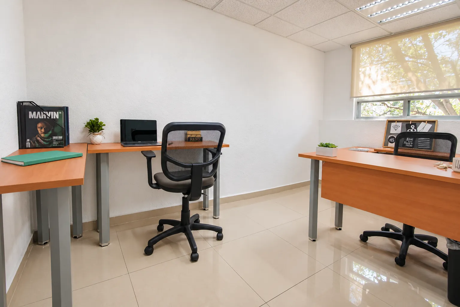 Oficina con escritorios de madera y sillas ergonómicas con luz natural, OfiRent Del Valle, Ciudad de México