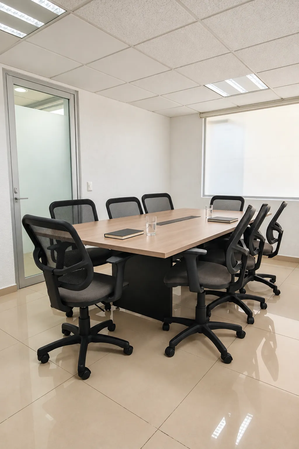 Sala de juntas con mesa rectangular, sillas de malla y luz natural, OfiRent Del Valle, Ciudad de México