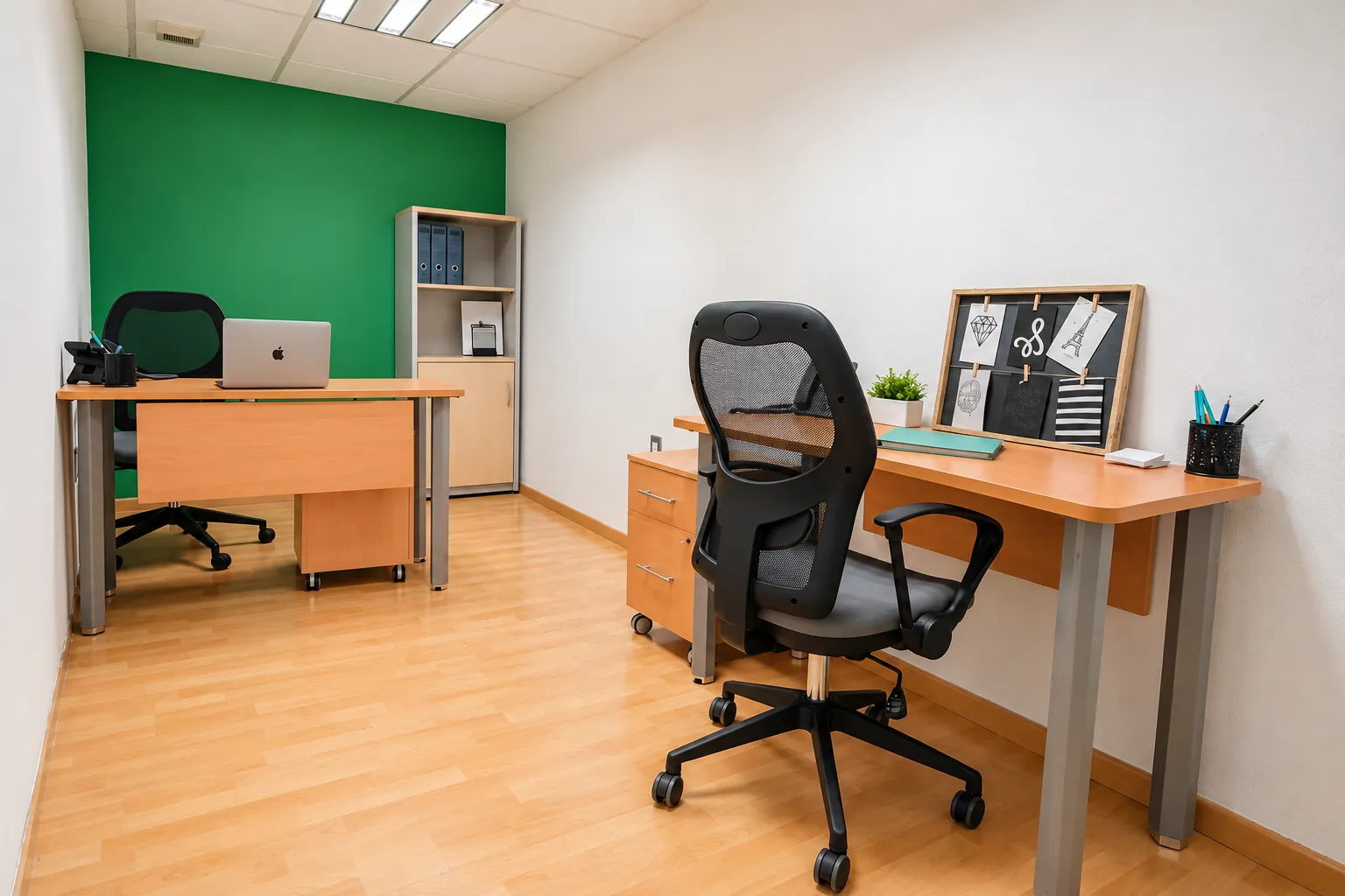 Oficina con escritorio, silla ergonómica y pared verde, OfiRent Nápoles, Ciudad de México
