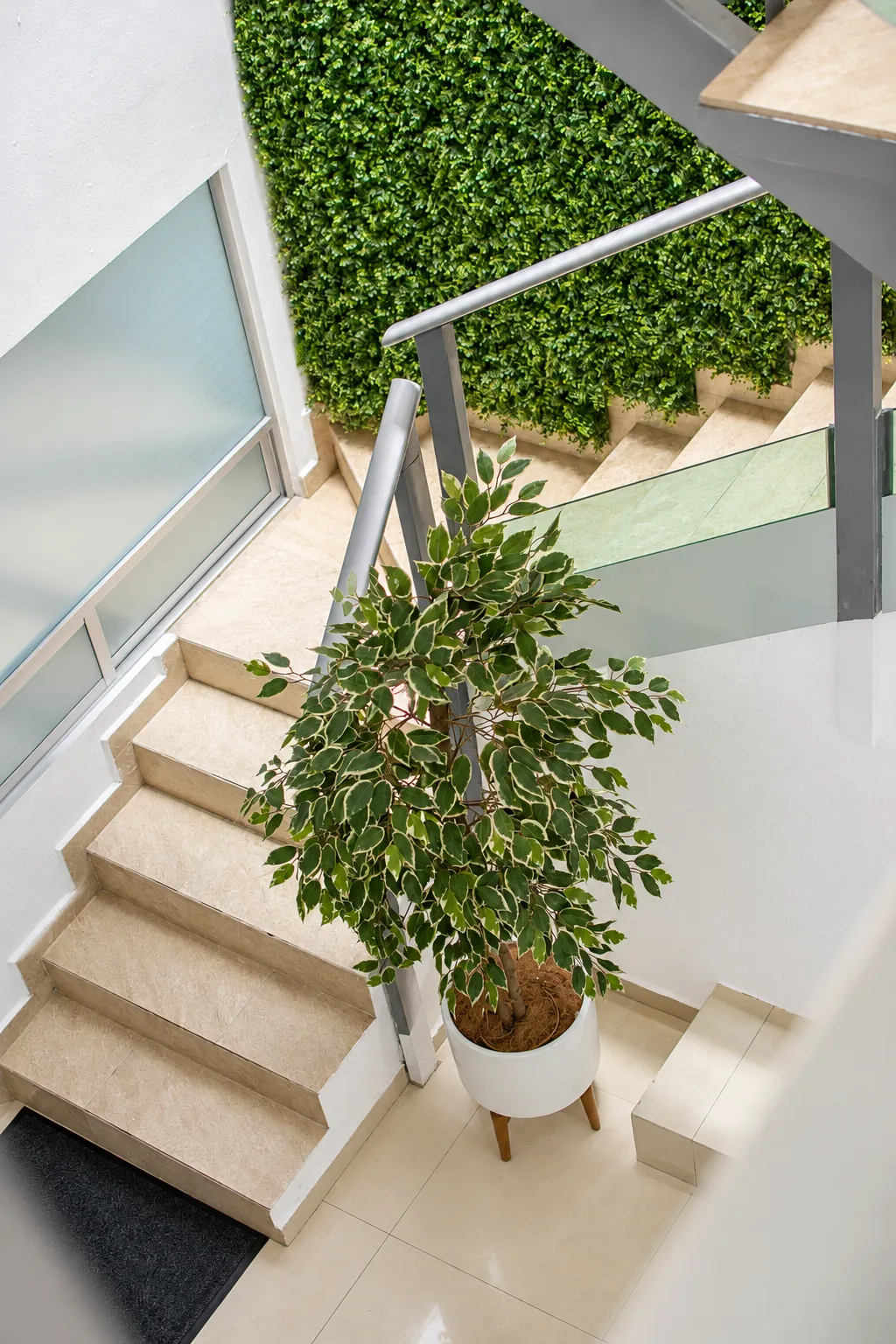 Escalera con muro de plantas verticales, OfiRent Narvarte, Ciudad de México