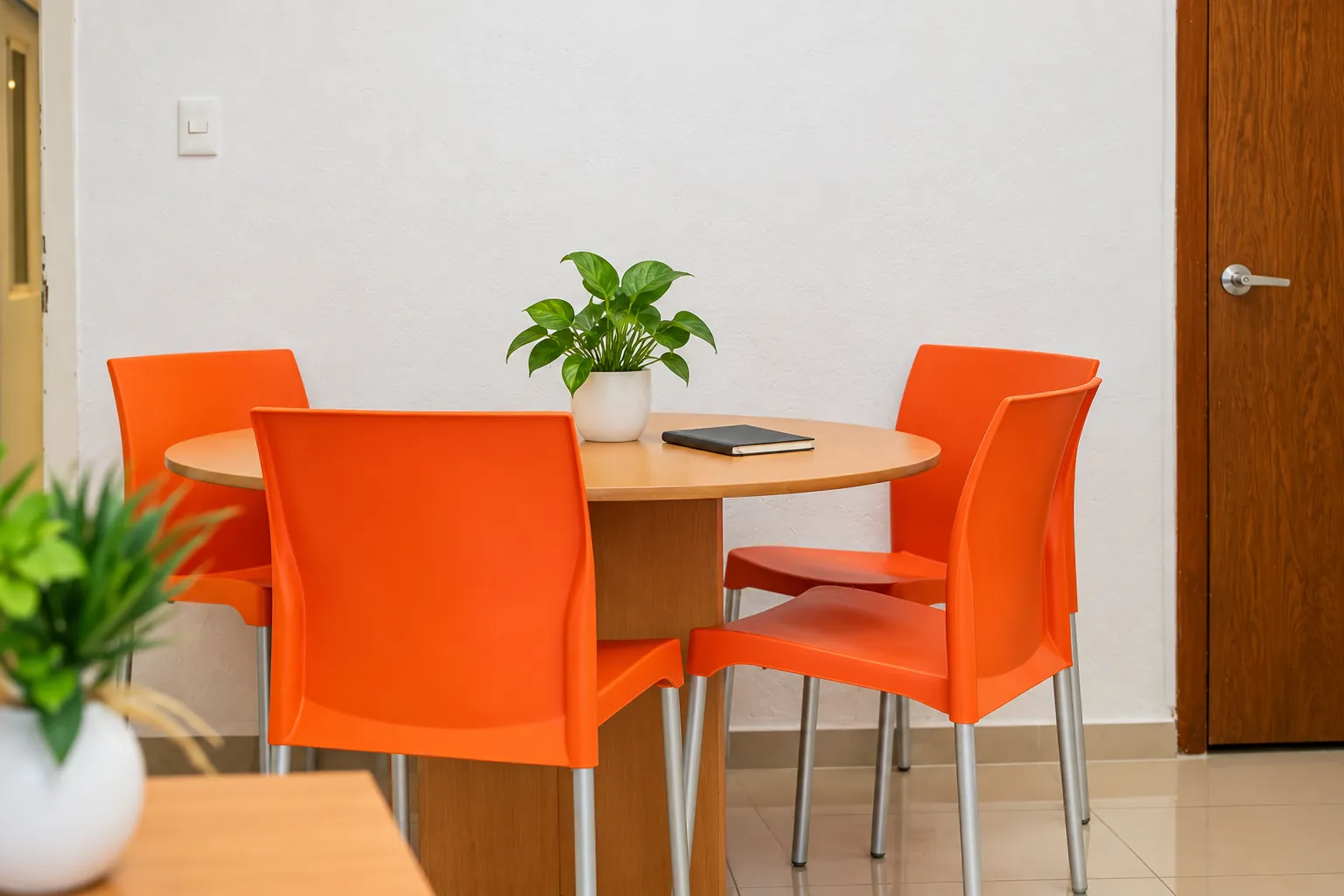 Mesa redonda con sillas naranjas y una planta, OfiRent Narvarte, Ciudad de México