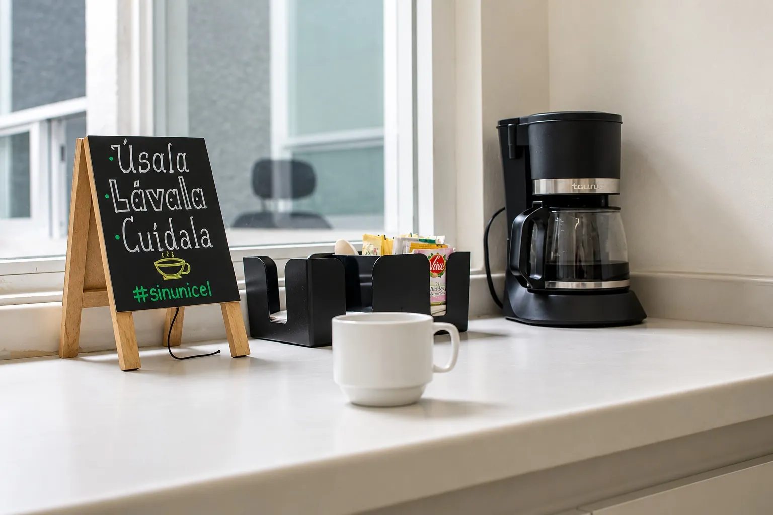Zona de café con cafetera, letrero y taza, OfiRent Roma, Ciudad de México